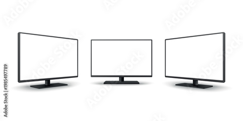 Vector 3d Computer Monitor Set with Front and Perspective Views. Blank Screen Display Mockups. Realistic Desktop LCD Monitor Illustration