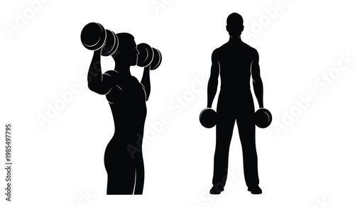 A stark black silhouette depicts a muscular man performing overhead dumbbell presses and a front raise silhouette high quality professional detailed modern elegant stylish