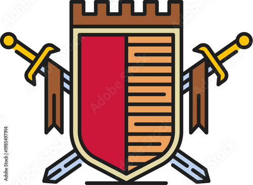 Heraldry shield and crossed sword color line icon or symbol. Vintage medieval lineart symbol, antique crest icon. Royal heraldry sign