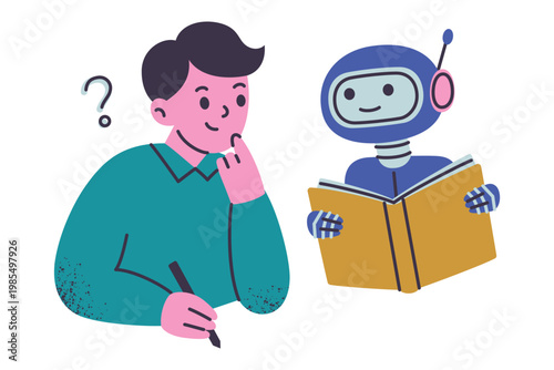 Little boy character learning with cute AI robot holding book, flat cartoon kid and artificial intelligence tutor. Future education and smart technology, children study vector illustration