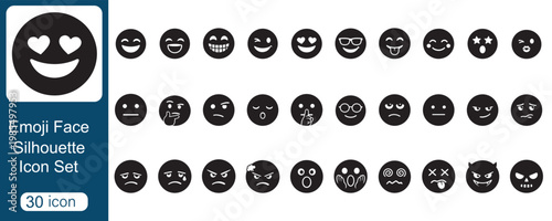 Emoji Face Silhouette Icons Set, Smiley Emotion Reaction Vector Collection