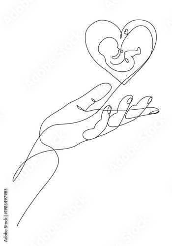 Continuous line art hand hold heart baby