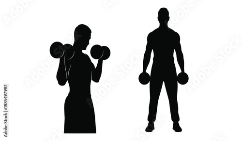 A stark depiction of a muscular man lifting dumbbells in two poses presented as a striking black silhouette high quality professional detailed modern elegant