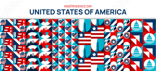 USA background set of geometric seamless pattern for Independence Day, vector American symbols. USA pattern background with US flags and stars in patriotic hearts, Washington Monument and Capitol