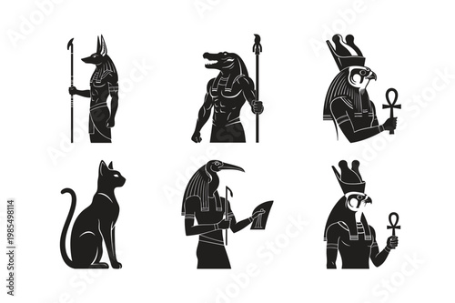 Ancient egyptian deities and symbols silhouette set bundle.
