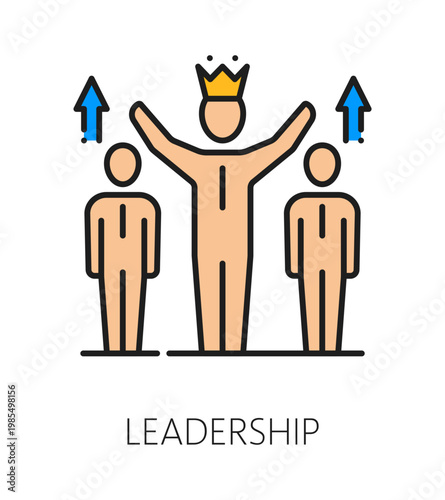 Leadership life skill color line icon or label. People life skill lineart vector symbol, personal leadership ability business icon. Human potential pictogram with leader person wearing golden crown