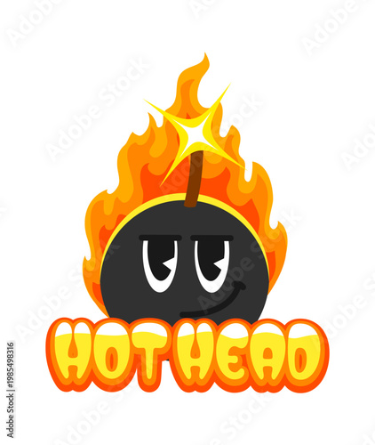 Burning in flame bomb and explosion retro Y2K sticker or tag. Grenade isolated funky vector patch, dynamite vintage Y2K label. Flaming bomb cute character retro sticker or tag with hot typography