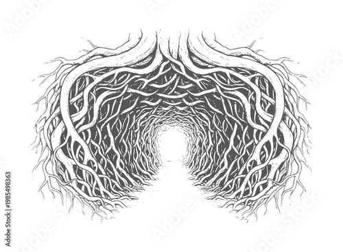Dark root tunnel leading to bright light with textured branches roots
