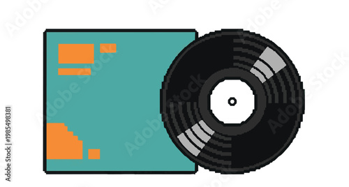 Pixel art illustration of a black vinyl record leaning against a teal and orange sleeve, isolated on a white background.