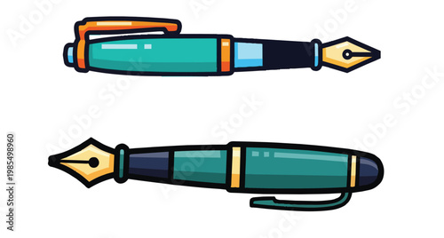 Elegant vector illustration of a classic teal fountain pen with gold nib and accents, isolated on a white background for business, education, and professional writing concepts.