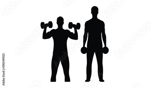 Two muscular men are depicted lifting dumbbells in a stark black silhouette against a bright white background silhouette high quality professional detailed modern elegant