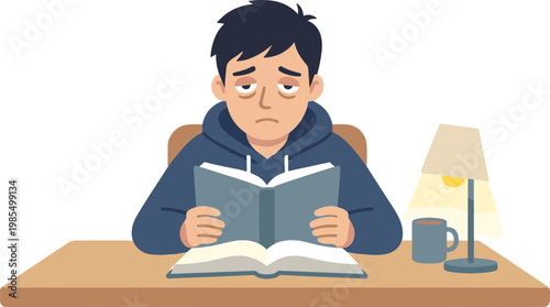 A man sits at a desk reading a book under a lamp with a cup