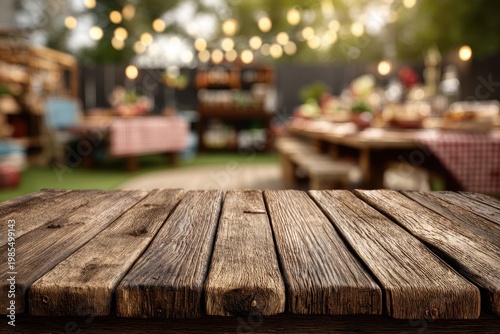 Rustic Handmade Wooden Table with Natural Imperfections in Outdoor Setting with Bokeh Lights