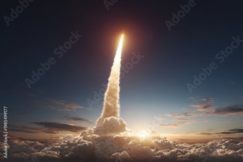 Rocket Ascending Vertically Against Deep Purple Sky at Sunrise with Dramatic Clouds
