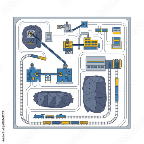 Coal Mining Operation: Industrial Complex with Trains and Raw Materials