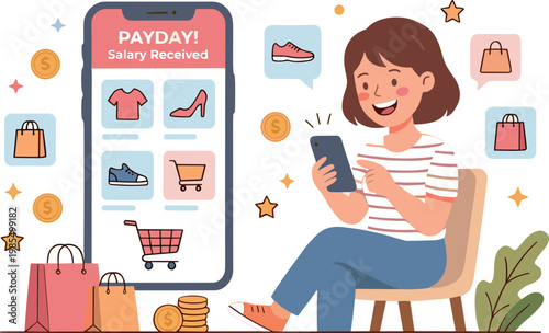Woman sitting on chair using phone with shopping app and payday notification surrounded by bags coins