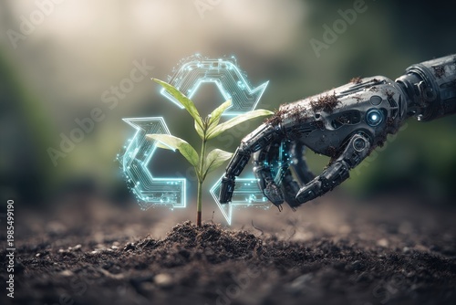 Robotic Hand Gently Holding Young Plant with Holographic Elements in Nature Environment