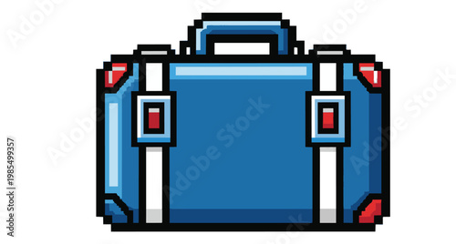 Pixel art blue travel suitcase with white straps and red corners isolated on a white background, 8-bit style luggage icon for game design