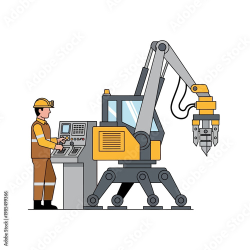 Construction worker operating robotic demolition excavator with claw attachment