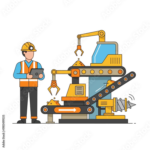 Construction worker with tablet overseeing automated mining machinery and conveyor belt