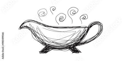 Gravy boat with steam swirls and a bow, a sketchy hand-drawn illustration of a classic serving dish for sauces and gravies.