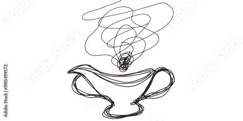 Gravy boat with stylized steam swirls and a hand-drawn ladle, presented in a sketchy, black and white vector illustration style on a white background.