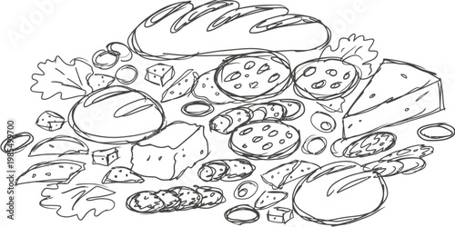 Charcuterie board with simple geometric shapes and minimalist loose line art illustration for culinary presentation, perfect for menus or food blogs