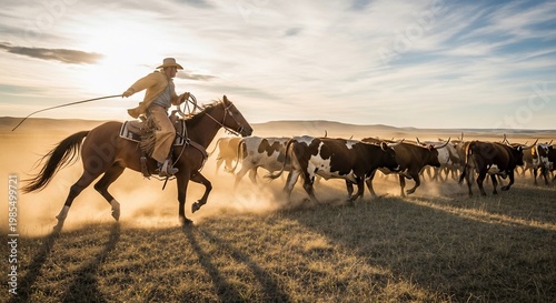 A cowboy on horseback, lasso in hand, herding a large group of cattle across a dusty field at sunset, with golden light illuminating the scene.