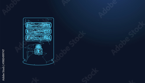 Stylized digital server with network data lines and a prominent security padlock