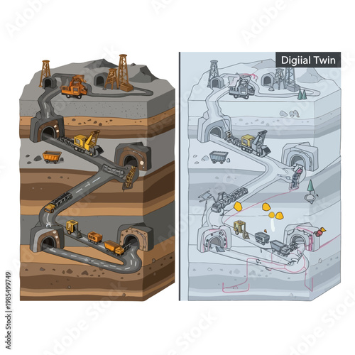 Digital Twin Mining Operation: 3D Cross-Section vs. Schematic Diagram