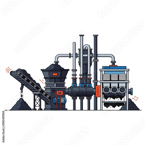 Industrial coal processing plant with conveyor belt and machinery, clean energy production concept