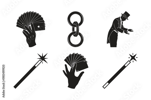Magic tricks and magician tools silhouette set bundle.