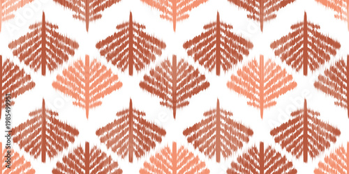 Ikat floral seamless pattern. Abstract pink leaves on light background. Vector geometric rug textured tribal motif. Oriental traditional ornament for carpet and fabric design