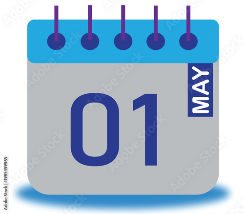 Calendar page with date May 01 illustrated in blue and grey on white background  office desk calendar