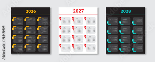 Calendar templates for 2026 2027 2028 years with different colored designs and layouts for planning and organization purposes  useful for business and personal use