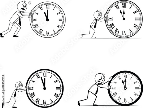 Cartoon illustrations of people struggling with oversized clocks representing time pressure and stress
