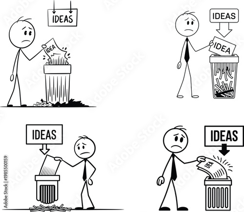Cartoon Illustrations Showing Frustrated Person Throwing Ideas Into Trash Bin Representing Creative Block