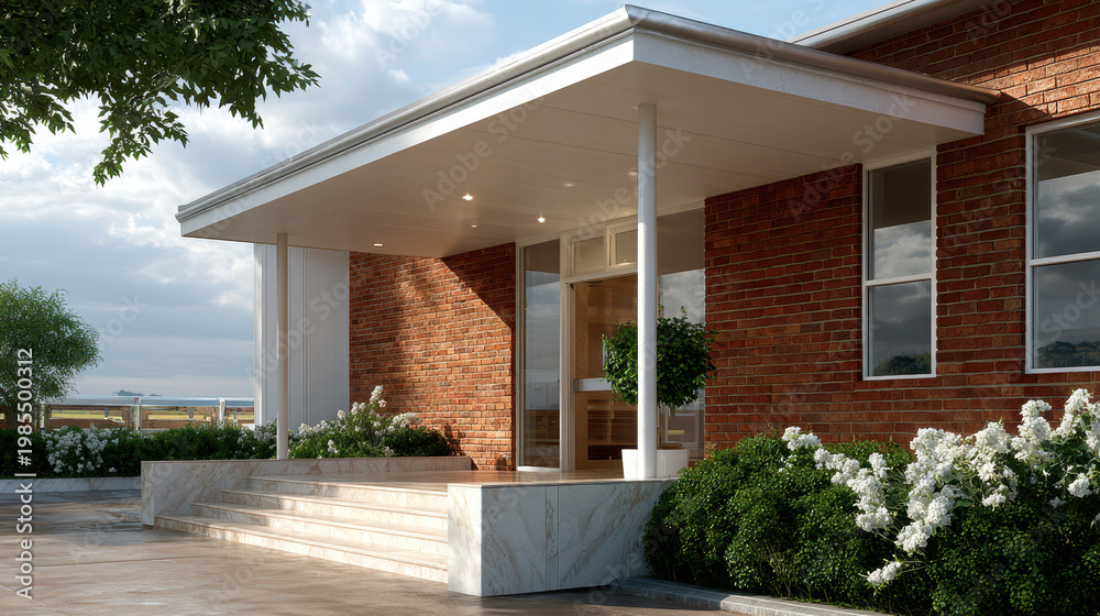 Fototapeta premium Mid-century residential block with low pitched roof and brick facade in a lush setting