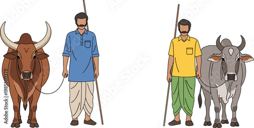 Farmers with Cattle Illustration Featuring Rural Men Standing with Cows for Agriculture, Livestock Farming, and Traditional Village Lifestyle Concepts