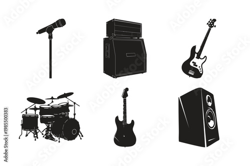 Music instrument silhouette set bundle for rock band equipment icons.