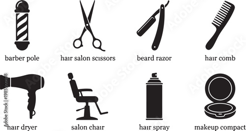 Barber shop icons, hair salon tools, grooming equipment, beauty supplies