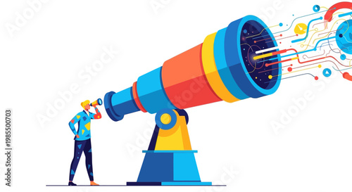 Man Looking Through Giant Colorful Telescope at Digital Data Streams.