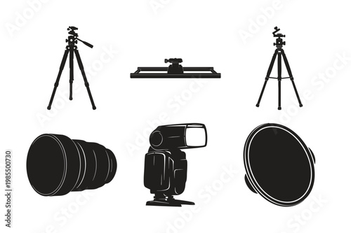 Photography equipment silhouette set bundle on white background.