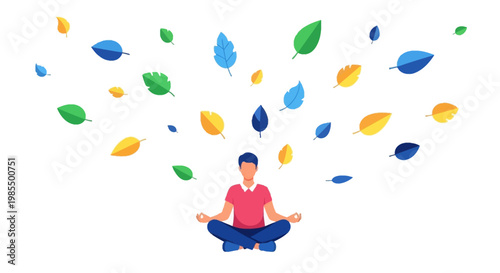 Man Meditating Surrounded by Falling Leaves.