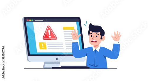 Man Panicked By Computer Error Warning Message.