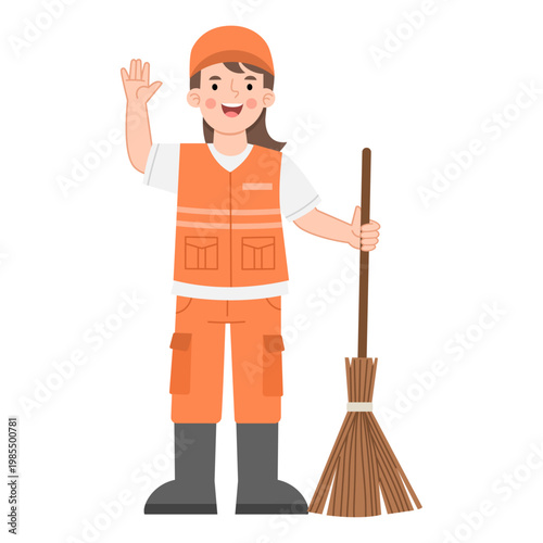 Illustration of Woman Sanitation Worker Waving