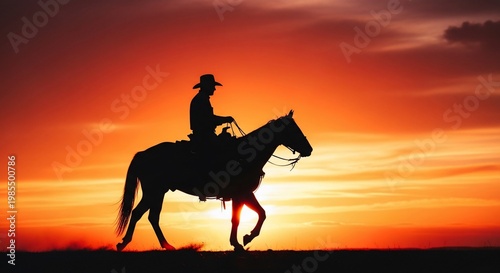 Silhouette of a cowboy riding a horse across a vast, flat landscape at a dramatic orange and red sunset.