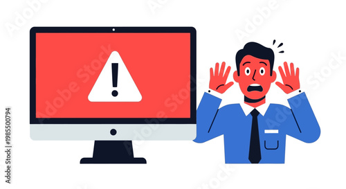 Man Panicked by Computer Error Message Warning Sign.