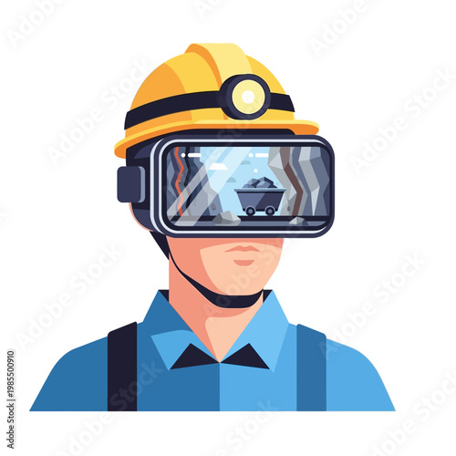 Miner Wearing VR Headset Exploring Virtual Mine with Coal Cart