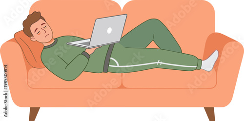Man relaxing on sofa with laptop in living room interior